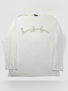 Vintage 90s Versace Jeans Couture Gothic Spellout Logo Long Sleeve Shirt Cream